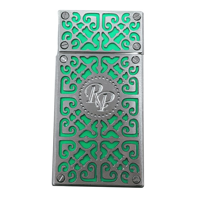 Rocky Patel Burn Series torch lighter in green and chrome with ornate filigree design and RP medallion
