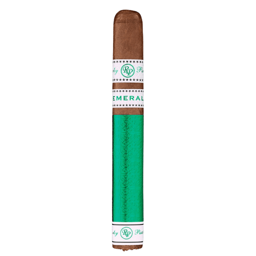 Rocky Patel Emerald Toro cigar standing upright on a white background with an Ecuador Habano wrapper, white and green Rocky Patel bands and a green foot sleeve.