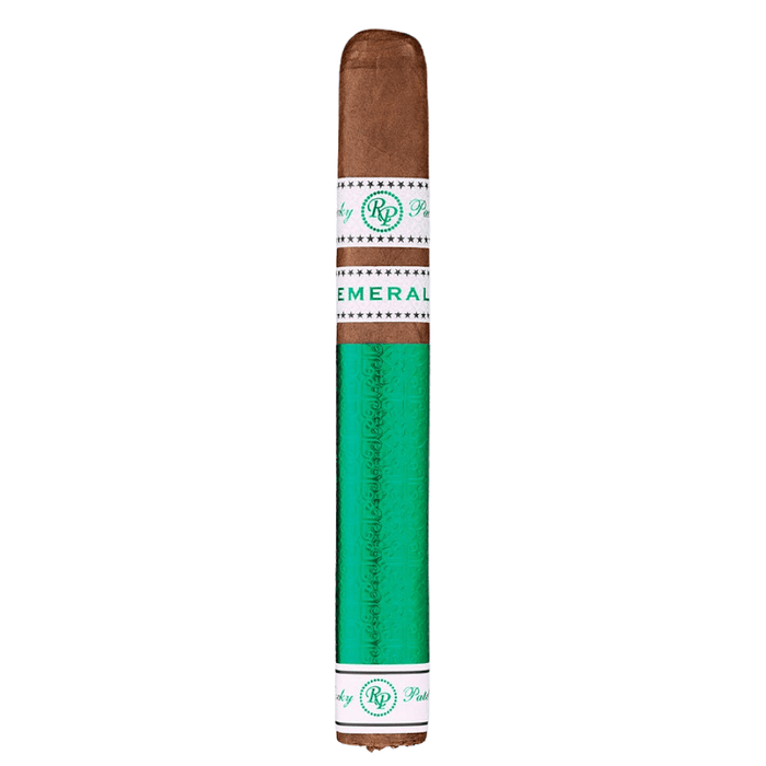 Rocky Patel Emerald Toro cigar standing upright on a white background with an Ecuador Habano wrapper, white and green Rocky Patel bands and a green foot sleeve.