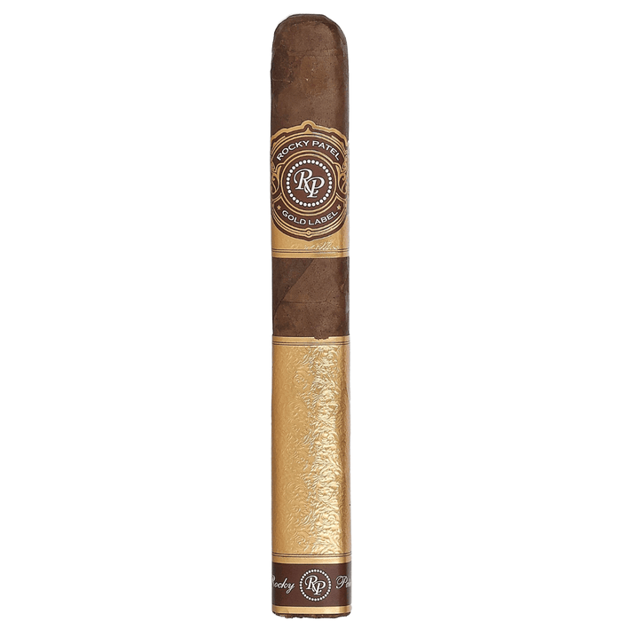 Rocky Patel Gold Label cigar with Ecuador sumatra wrapper, gold foil foot sleeve, and brown and gold Rocky Patel bands shown upright on a white background.