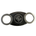 Rocky Patel steel cigar cutter black with stainless steel blades and RP logo center on white background