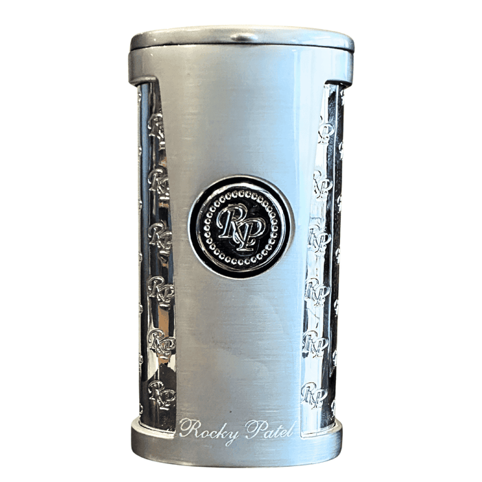 Rocky Patel triple torch cigar lighter brushed metal finish with RP logo and triple jet flame