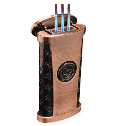 Rocky Patel One Touch triple flame torch lighter in brushed copper and black with RP monogram panels