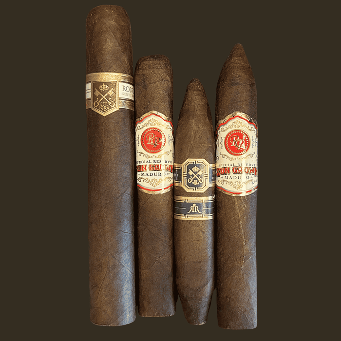 Four cigars of varying sizes arranged vertically against a dark brown background. Each cigar features a textured dark brown wrapper with a distinct paper band.
