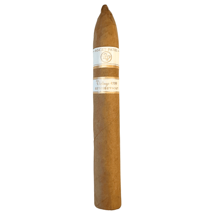 Rocky Patel Vintage 1999 Torpedo cigar with light Connecticut wrapper and white Vintage 1999 band displayed on a white background