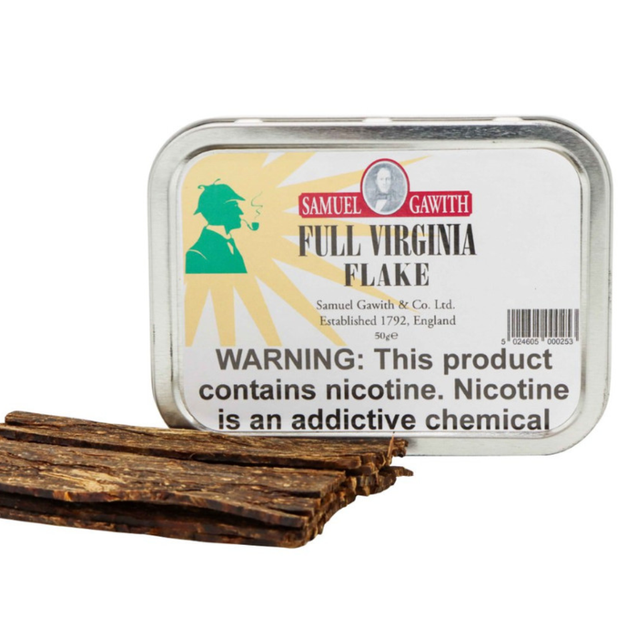 Samuel Gawith Full Virginia Flake pipe tobacco tin with pressed Virginia flakes natural tobacco England classic blend