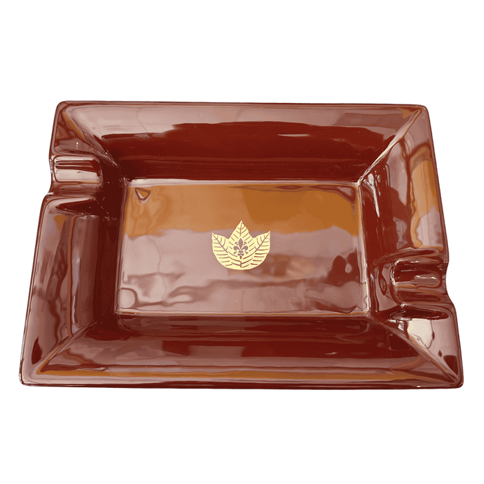 Toscano ceramic cigar ashtray in brown gloss with gold tobacco leaf crest and four cigar rests