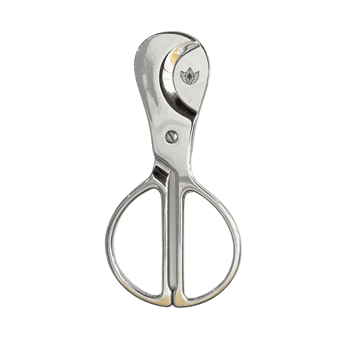 Toscano polished stainless steel cigar scissors cutter with brown leather embossed case and tobacco leaf crest