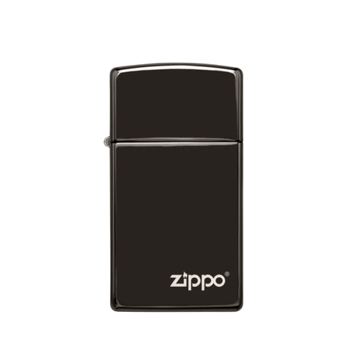 Slim black Zippo 28123ZL Ebony lighter with glossy finish and white Zippo logo displayed on a white background
