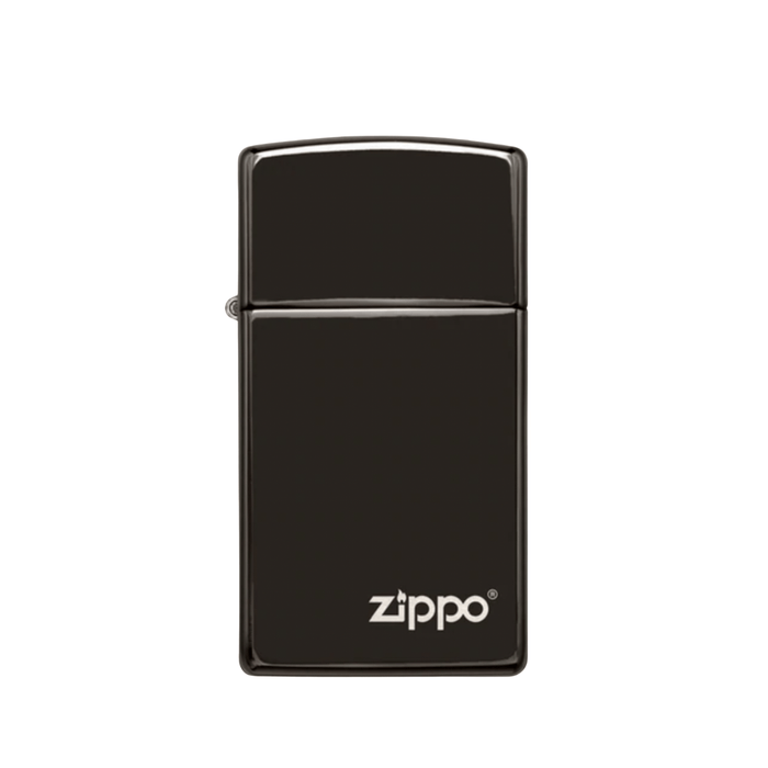 Slim black Zippo 28123ZL Ebony lighter with glossy finish and white Zippo logo displayed on a white background