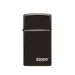 Slim black Zippo 28123ZL Ebony lighter with glossy finish and white Zippo logo displayed on a white background