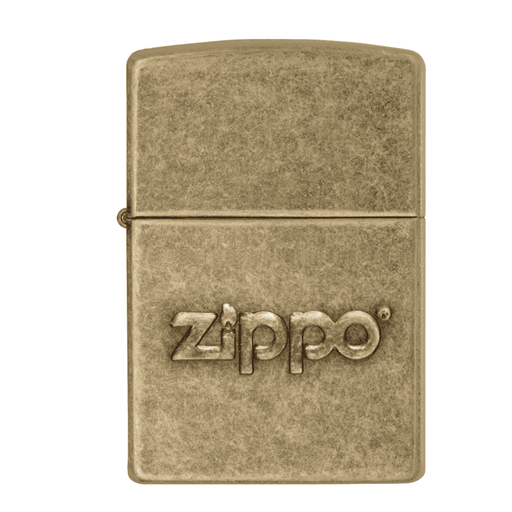 Zippo 28994 Stamp Antique Brass lighter featuring a stamped Zippo logo on an aged brass finish, windproof refillable lighter for everyday use and cigar smokers.