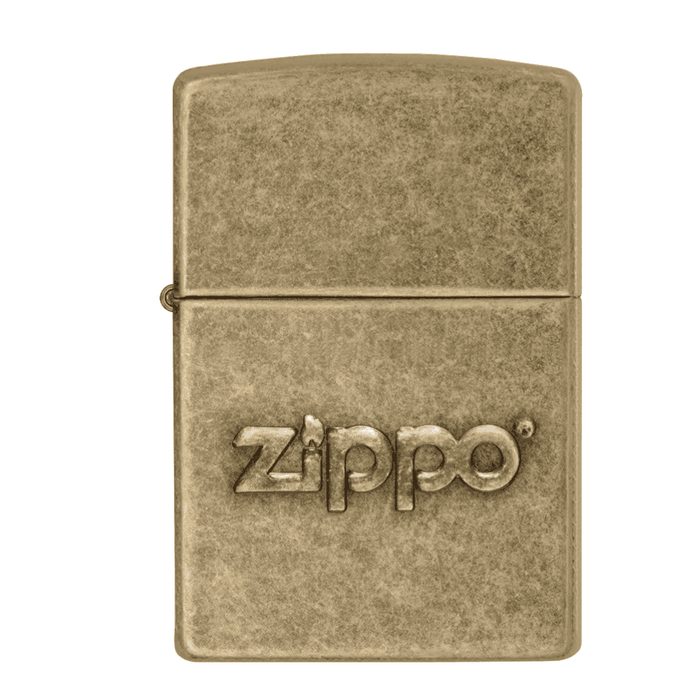 Zippo 28994 Stamp Antique Brass lighter featuring a stamped Zippo logo on an aged brass finish, windproof refillable lighter for everyday use and cigar smokers.