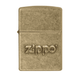 Zippo 28994 Stamp Antique Brass lighter featuring a stamped Zippo logo on an aged brass finish, windproof refillable lighter for everyday use and cigar smokers.