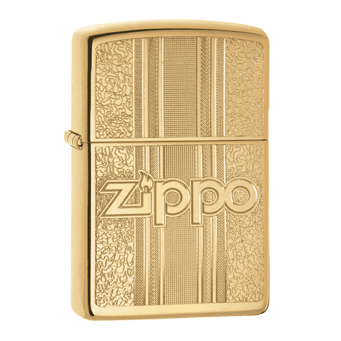 Zippo 29677 Zippo Pattern lighter with gold tone finish featuring an engraved patterned design and raised Zippo logo, windproof refillable lighter for cigar smokers and collectors.