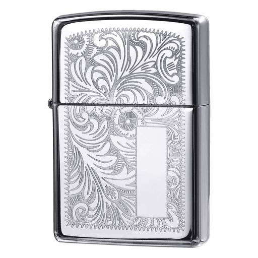 Silver zippo lighter with intricate paisley design on a white background