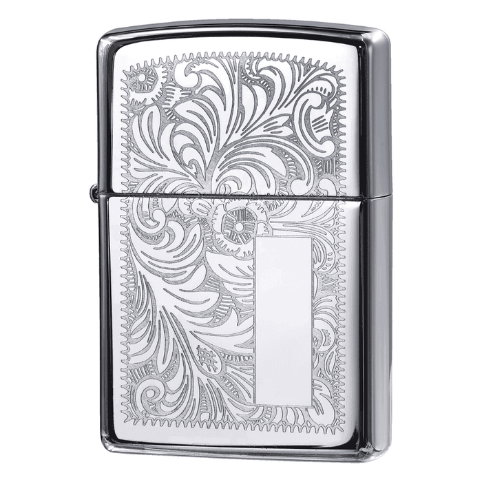 Silver zippo lighter with intricate paisley design on a white background
