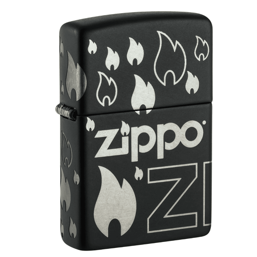 Zippo 48908 Zippo Design lighter with matte black finish featuring bold Zippo logo and flame graphics, windproof refillable lighter for cigar smokers and everyday use.