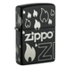 Zippo 48908 Zippo Design lighter with matte black finish featuring bold Zippo logo and flame graphics, windproof refillable lighter for cigar smokers and everyday use.