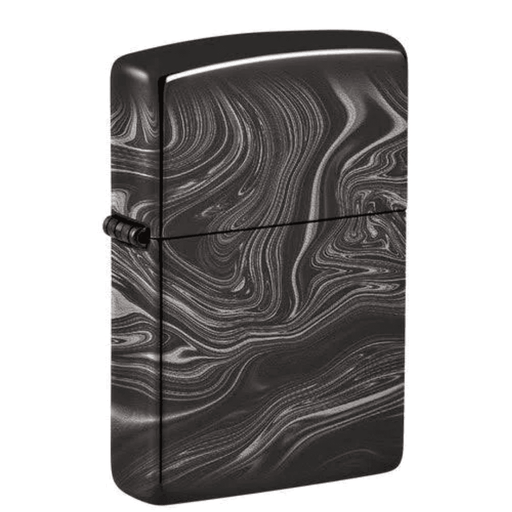 ippo Black Marble windproof lighter with swirling black and grey marble pattern on white background