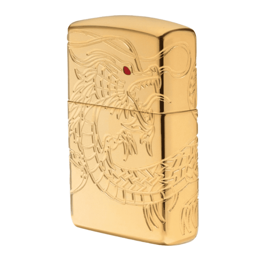 Zippo Gold Plated Serpent Dragon lighter featuring an engraved dragon design on a polished gold finish, windproof refillable lighter ideal for cigar smokers and collectors.