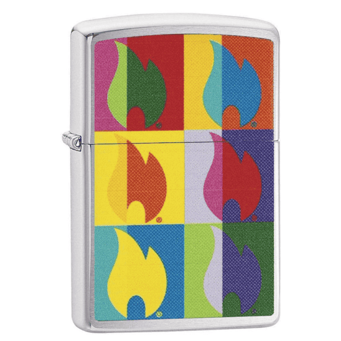 Colorful flame-patterned zippo lighter on a white background
