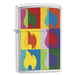 Colorful flame-patterned zippo lighter on a white background