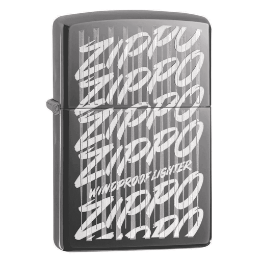 Zippo lighter with 'Zippo' text in a pattern on a white background