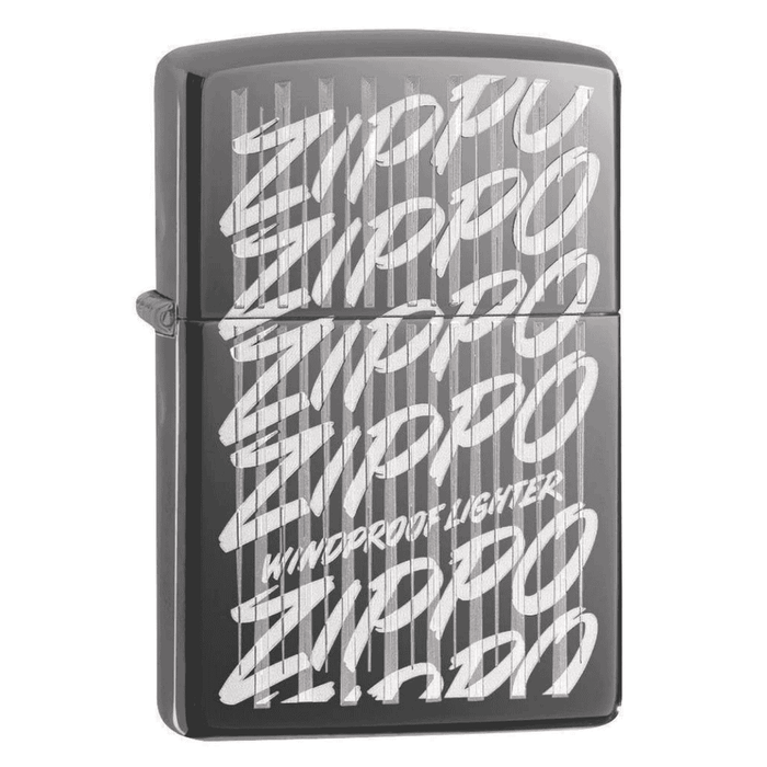 Zippo lighter with 'Zippo' text in a pattern on a white background