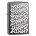 Zippo lighter with 'Zippo' text in a pattern on a white background