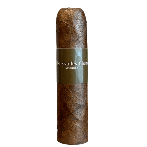 A single rolled cigar with a dark brown textured leaf wrapper and a dark olive green paper band featuring white text that reads 'Alec Bradley Chantilly Maduro x'.