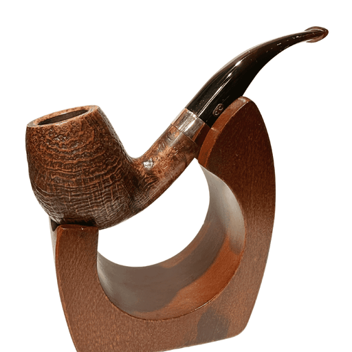 Chacom Churchill Sablée 851 sandblasted briar smoking pipe with black stem and silver band displayed on wooden stand