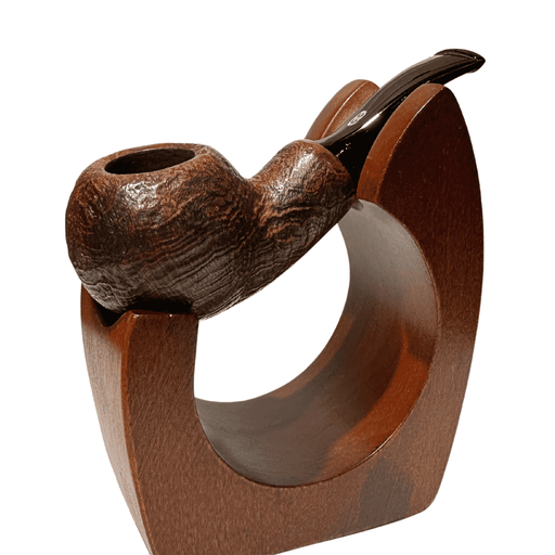 Chacom Reverse Calabash Brown sandblasted briar smoking pipe with black stem displayed on wooden stand