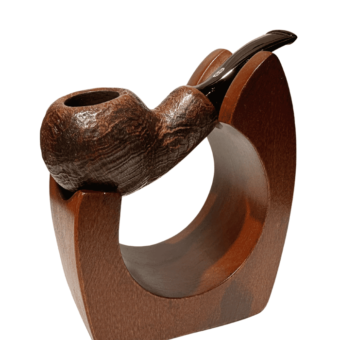 Chacom Reverse Calabash Brown sandblasted briar smoking pipe with black stem displayed on wooden stand