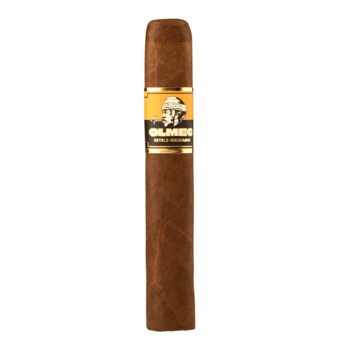 Foundation Olmec Claro Robusto cigar with a light brown Mexican San Andrés Claro wrapper and yellow black band displayed upright on a plain white background.