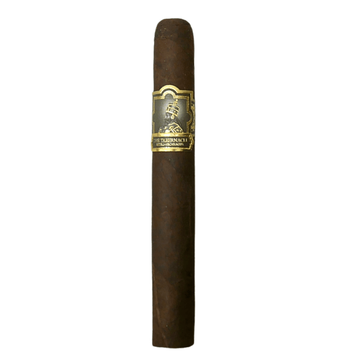 Foundation The Tabernacle Broadleaf Toro cigar standing upright with a dark Connecticut Broadleaf wrapper and black gold band on a plain white background.