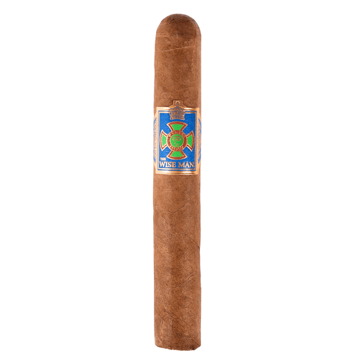 Foundation Wise Man Corojo Robusto cigar with a light brown Nicaraguan Corojo wrapper and blue green band displayed upright on a plain white background.