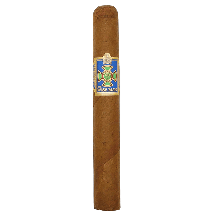 Foundation Wise Man Corojo toro cigar with a light brown Nicaraguan Corojo wrapper and blue green band displayed upright on a plain white background.