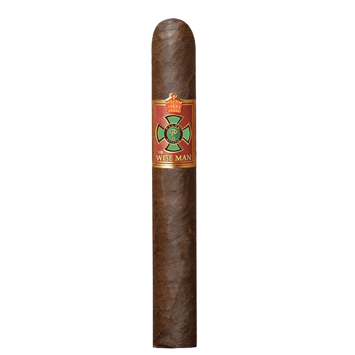 Foundation Wise Man Maduro Robusto cigar with a dark Mexican San Andrés wrapper and red green band displayed upright on a plain white background.