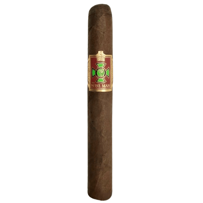 Foundation Wise Man Maduro Robusto cigar with a dark Mexican San Andrés wrapper and red green band displayed upright on a plain white background.