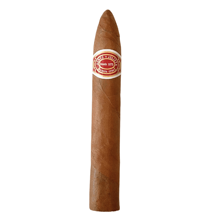 The Romeo y Julieta Belicoso is a timeless Cuban cigar that brings elegance and flavor together in perfect harmony. Handcrafted with premium tobacco from Cuba’s renowned Vuelta Abajo region, this medium-bodied belicoso delivers a smooth, balanced profile with notes of cedar, roasted nuts, and a subtle floral sweetness.