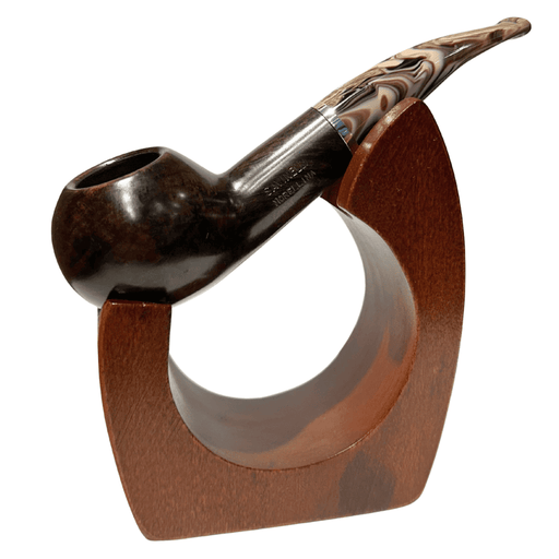 Savinelli Morellina smooth dark briar pipe with marbled acrylic stem displayed on wooden stand