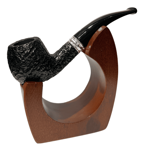 Savinelli Trevi Rusticated 626 bent apple briar pipe with black rusticated finish and acrylic stem displayed on wooden stand