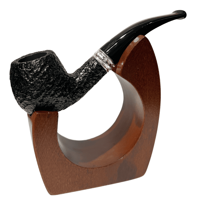 Savinelli Trevi Rusticated 626 bent apple briar pipe with black rusticated finish and acrylic stem displayed on wooden stand
