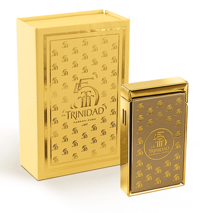 Trinidad 55th Anniversary luxury gold cigar lighter with Trinidad logo and powerful jet flame, premium collectible cigar accessory inspired by Trinidad Havana Cuba cigars.
