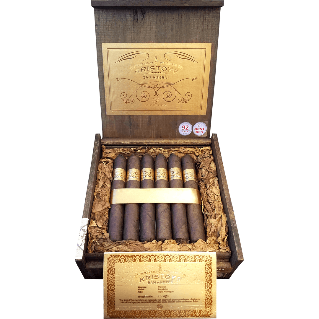 The Kristoff San Andrés is an extremely rich medium-full bodied cigar with pronounced notes of spice, a hint of black pepper, sweet milk chocolate and smooth coffee cream finish.