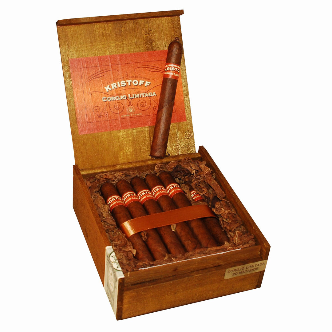 Nearly a puros Nicaraguan blend, this medium-full bodied cigar is loaded with spice, nutmeg, toasted nut and a sweet-spicy finish. Made with 100% Habano seed tobacco that is double and triple fermented, the Corojo Limitada maintains the Kristoff tradition of flavor and smoothness. The signature of Kristoff Cigars.
