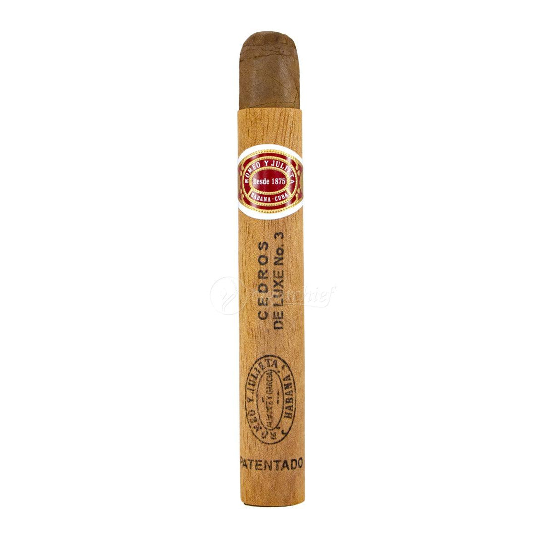 The Romeo y Julieta Cedros De Luxe No. 3 is a smooth and rich Petit Corona Habano, 5.1” (129mm) long, of 42 ring gauge, and comes in a 25 cigars box. It comes wrapped in a thin cedar tube sporting the usual Romeo y Julieta band. A pretty underrated cigar, but favored by Cuban aficionados that like it when it is aged.